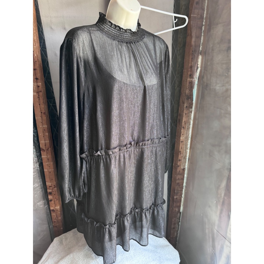 LOFT Petites Metallic Shimmer Tiered Ruffle Shift Dress XL Grey Smocked Neck